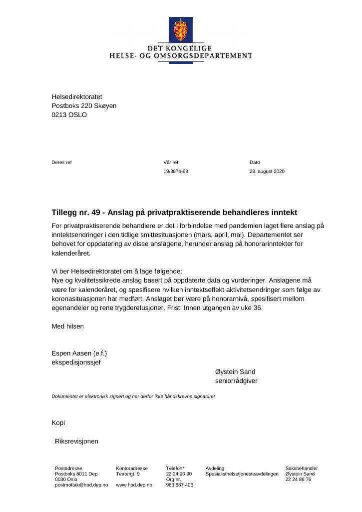 Forsiden av dokumentet Tildelingsbrev Helsedirektoratet 2020 - tillegg nr. 49