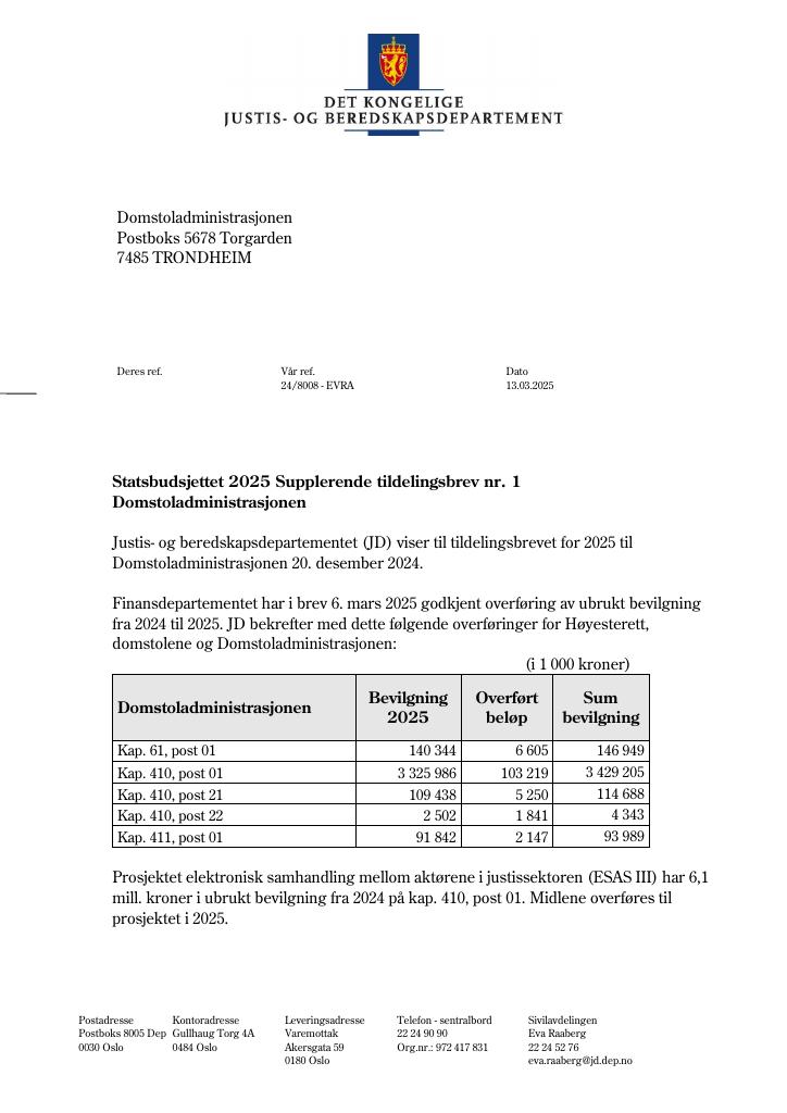Forsiden av dokumentet Tildelingsbrev Domstoladministrasjonen 2025  Supplerende tildelingsbrev nr. 1