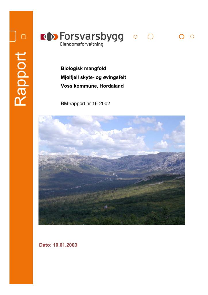 Forsiden av dokumentet Biologisk mangfold Mjølfjell skyte- og øvingsfelt Voss kommune, Hordaland :