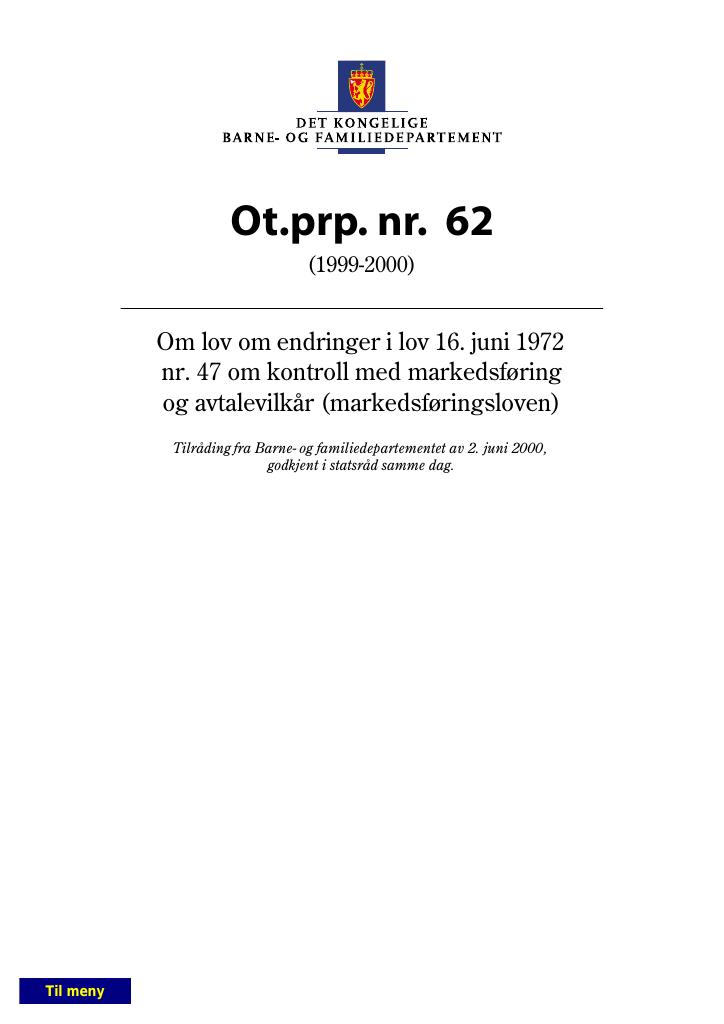 Forsiden av dokumentet Ot.prp. nr. 62 (1999-2000)