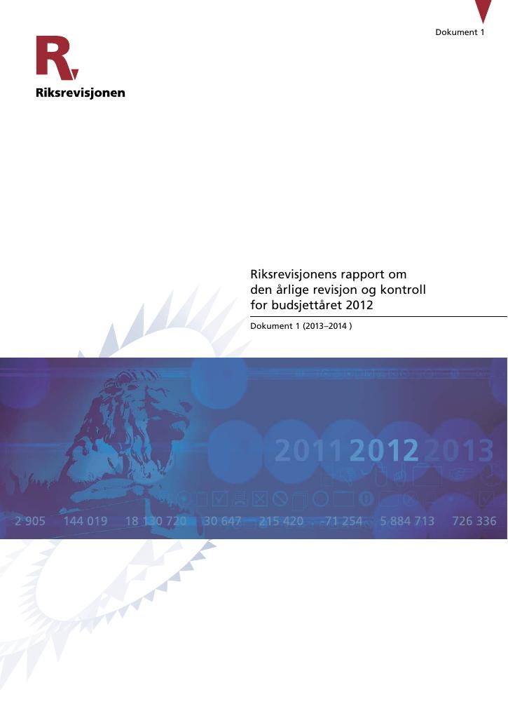 Forsiden av dokumentet Riksrevisjonens rapport om den årlige revisjon og kontroll for budsjettåret 2012