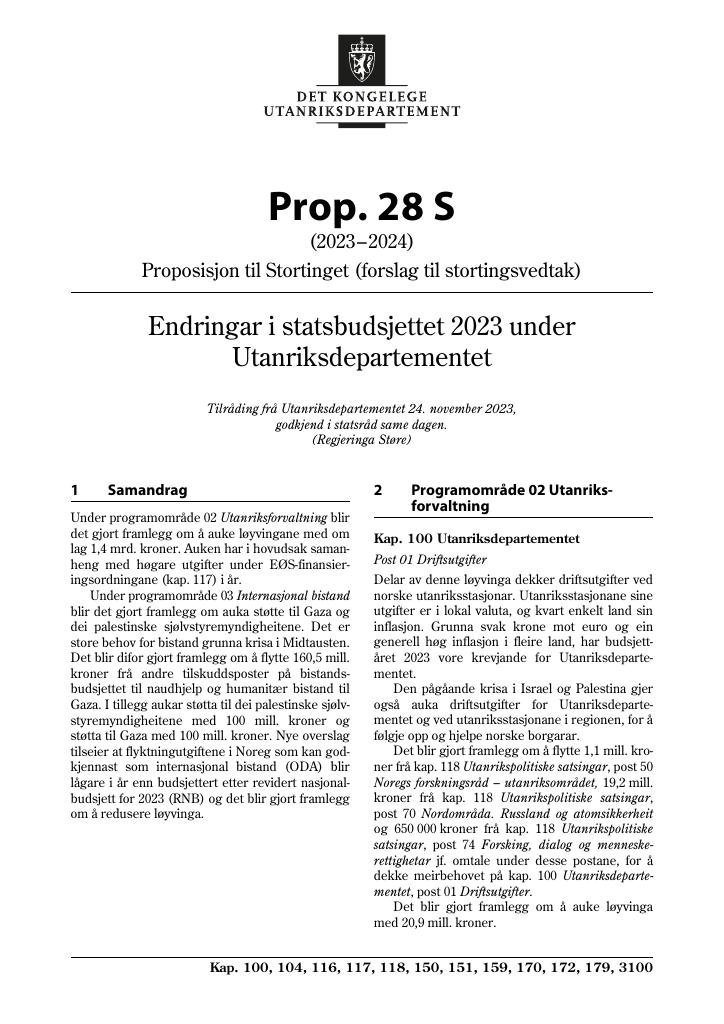 Forsiden av dokumentet Prop. 28 S (2023–2024)