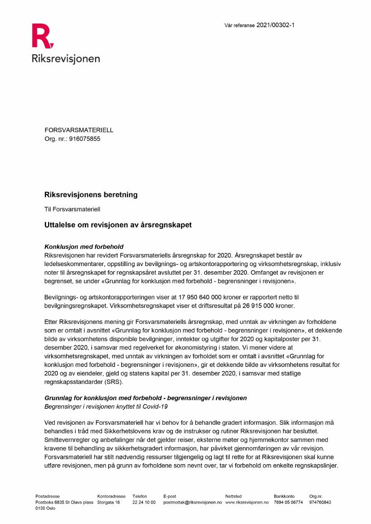 Forsiden av dokumentet Nedlastbar revisjonsberetning 2020
