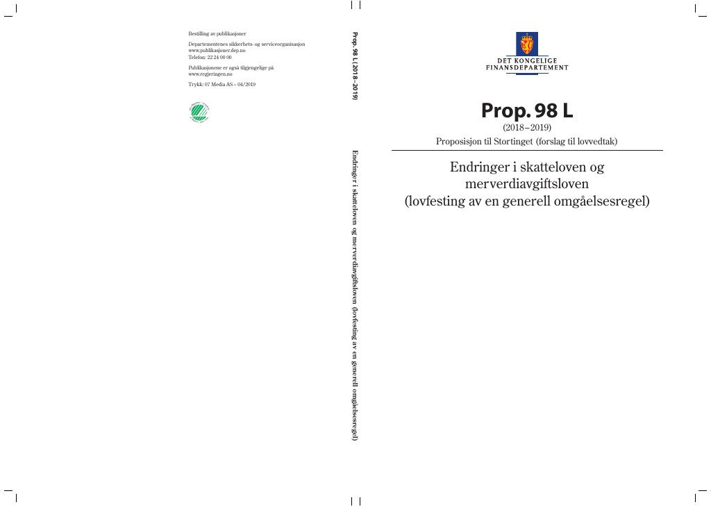 Forsiden av dokumentet Prop. 98 L (2018–2019)