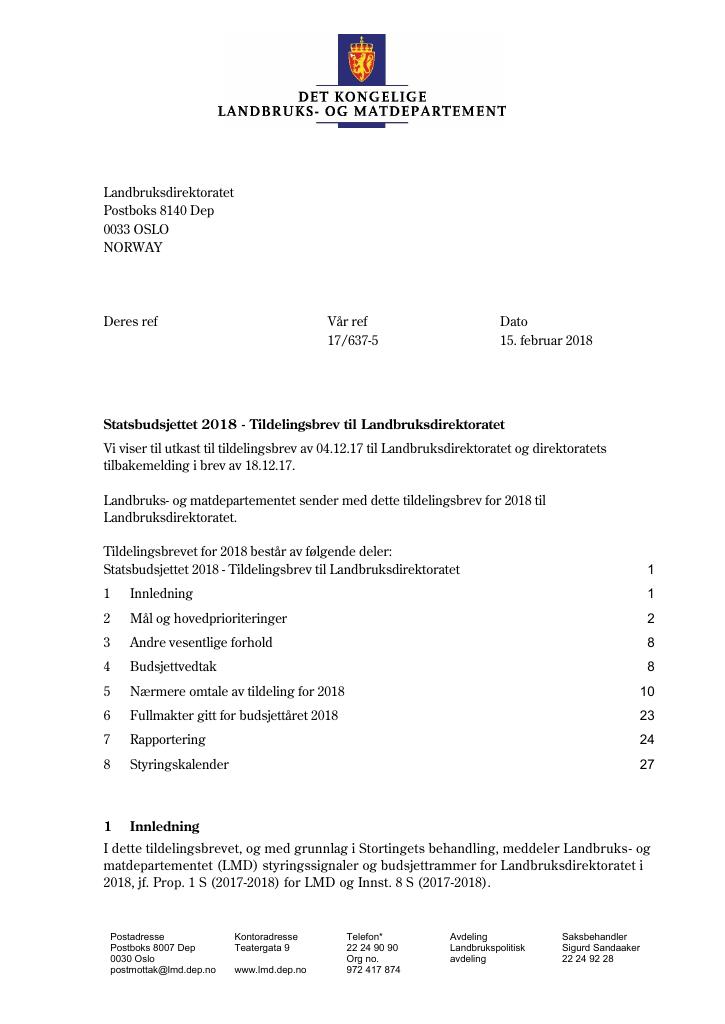 Forsiden av dokumentet Tildelingsbrev