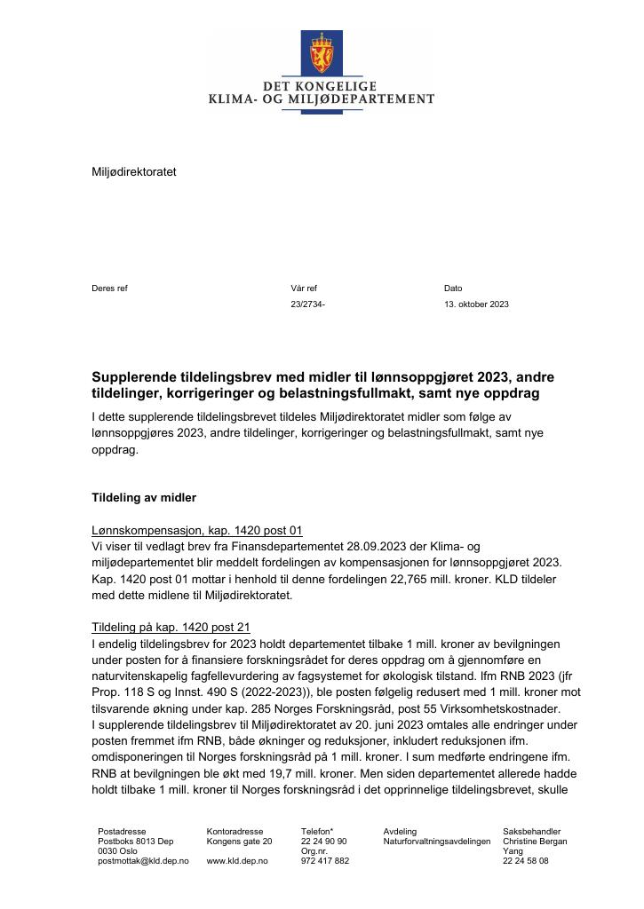 Forsiden av dokumentet Supplerende tildelingsbrev 13.10.2023