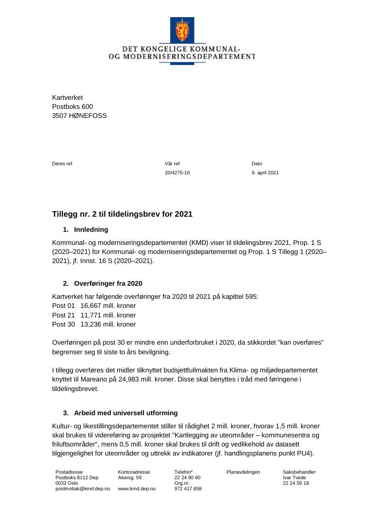 Forsiden av dokumentet Tildelingsbrev Kartverket 2021 - tillegg nr. 2