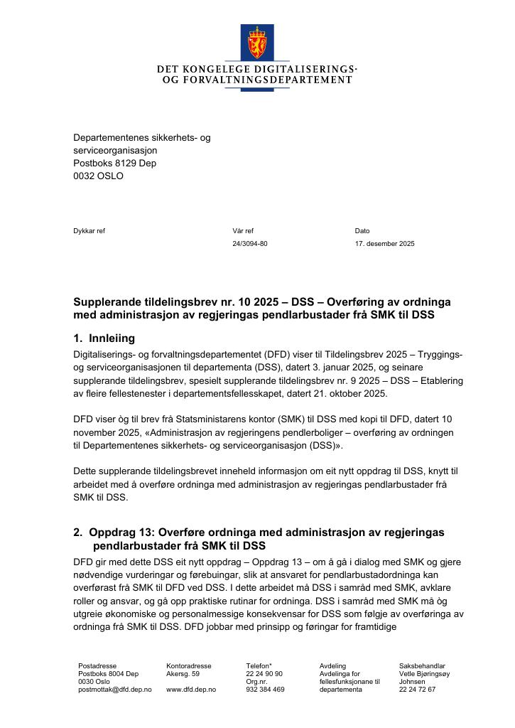 Forsiden av dokumentet Supplerande tildelingsbrev nr. 10 2025 – DSS