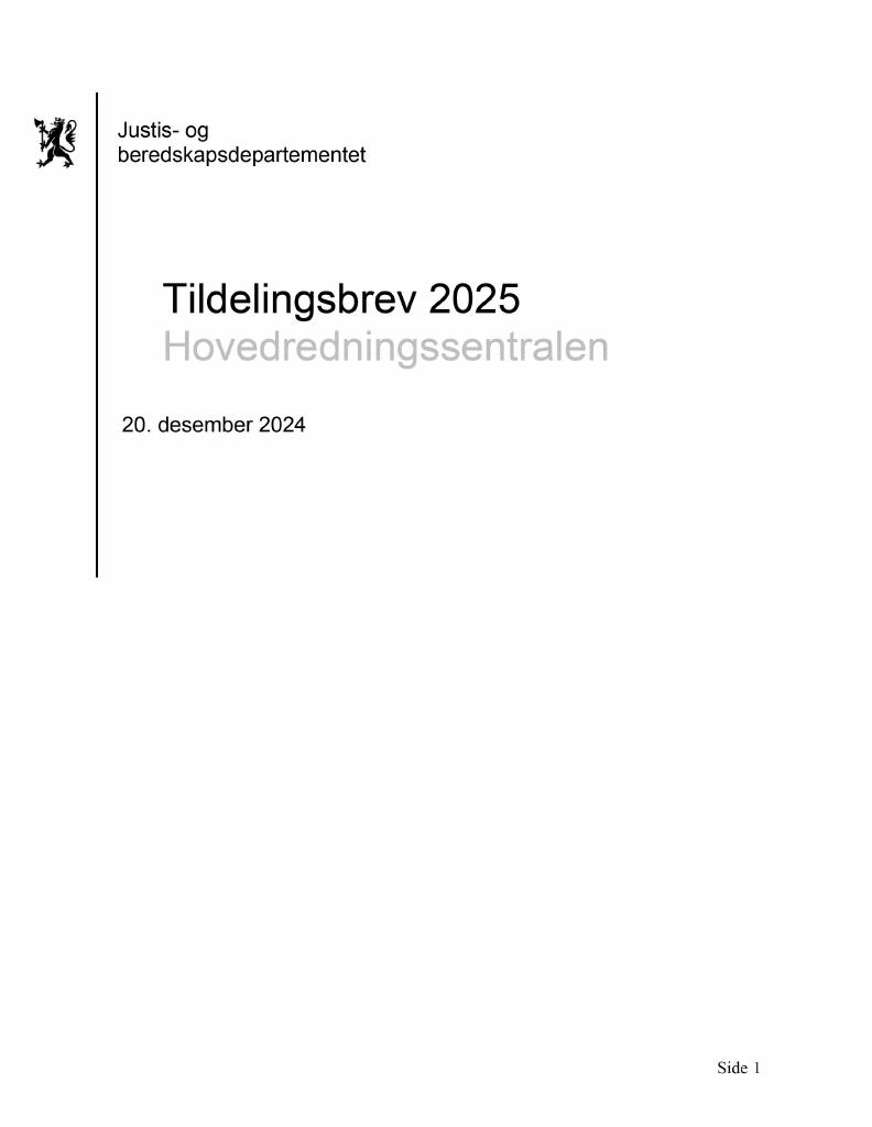 Forsiden av dokumentet Tildelingsbrev Hovedredningssentralen 2025