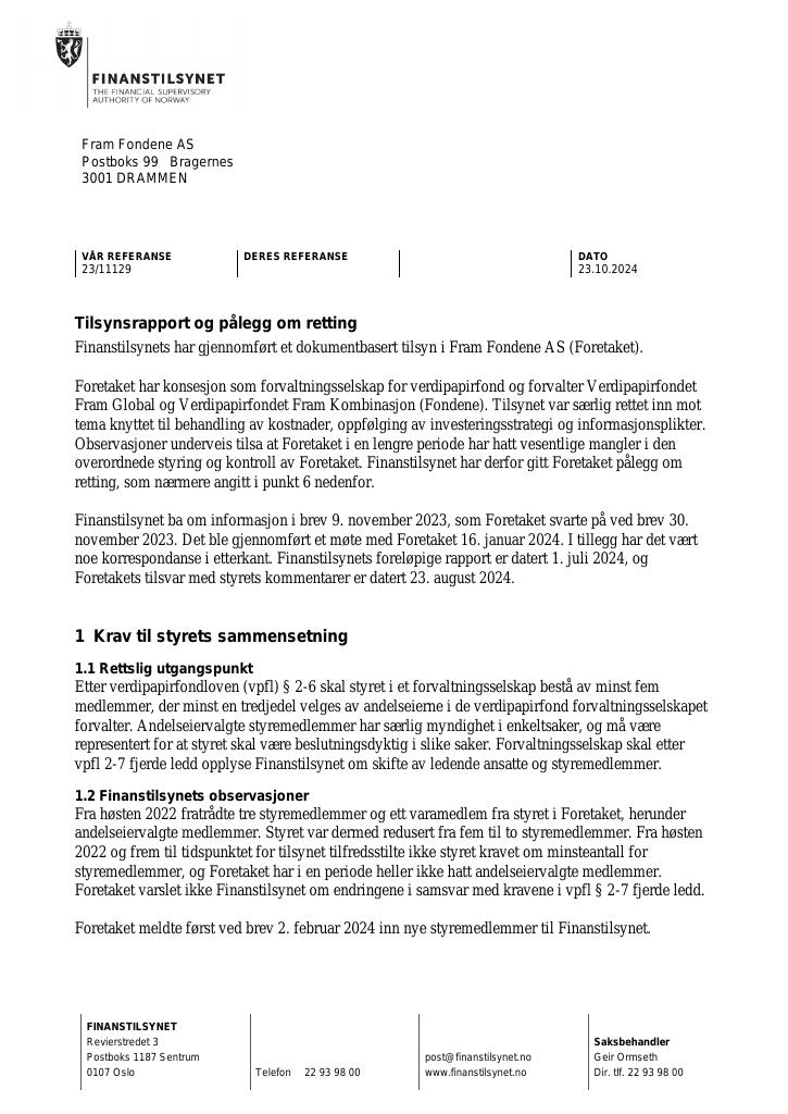 Forsiden av dokumentet Tilsynsrapport og pålegg om retting