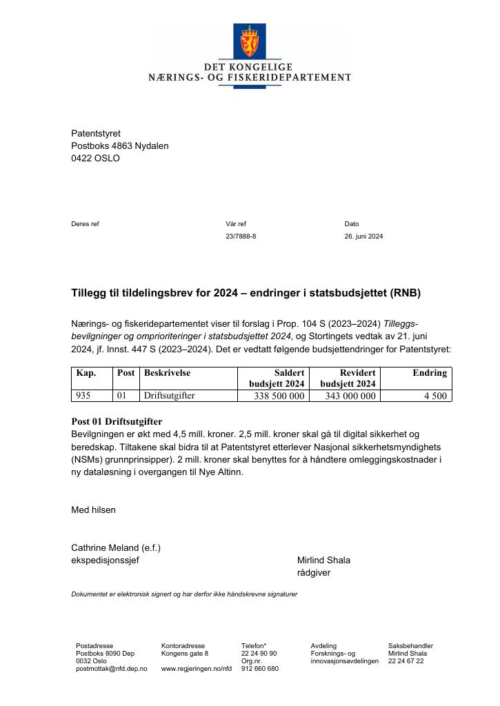 Forsiden av dokumentet Tildelingsbrev Patentstyret 2024 - tillegg nr. 1