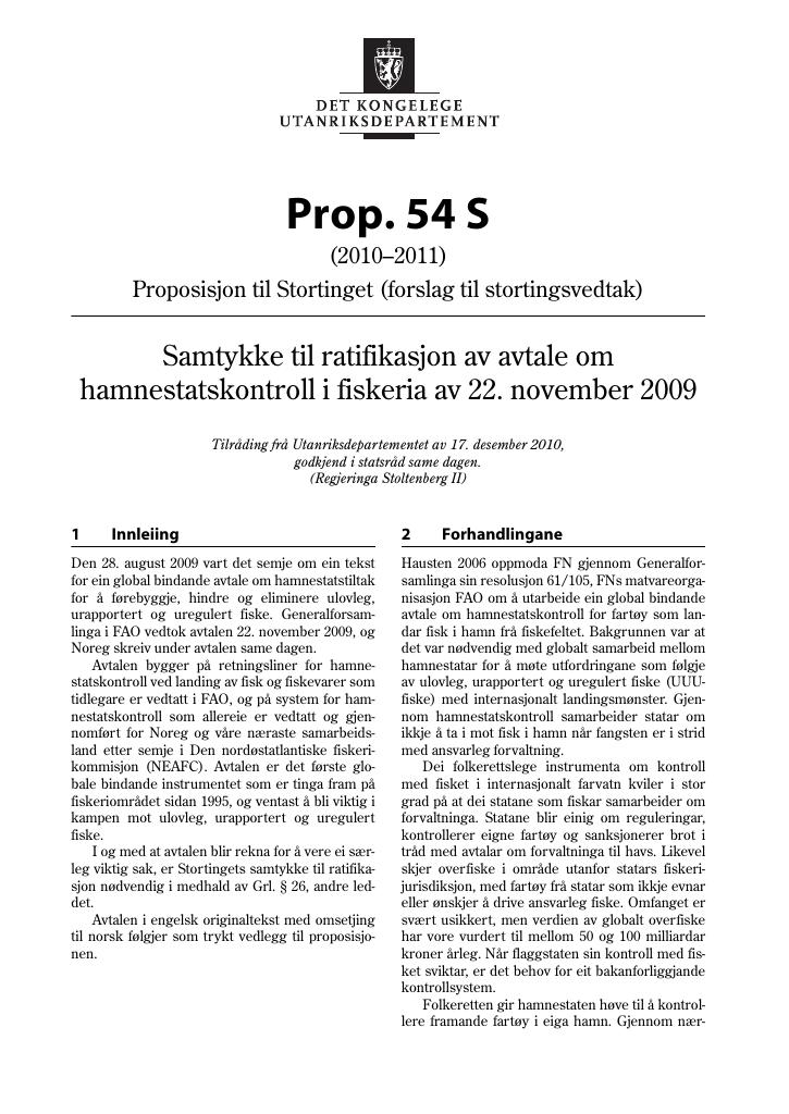 Forsiden av dokumentet Prop. 54 S (2010–2011)