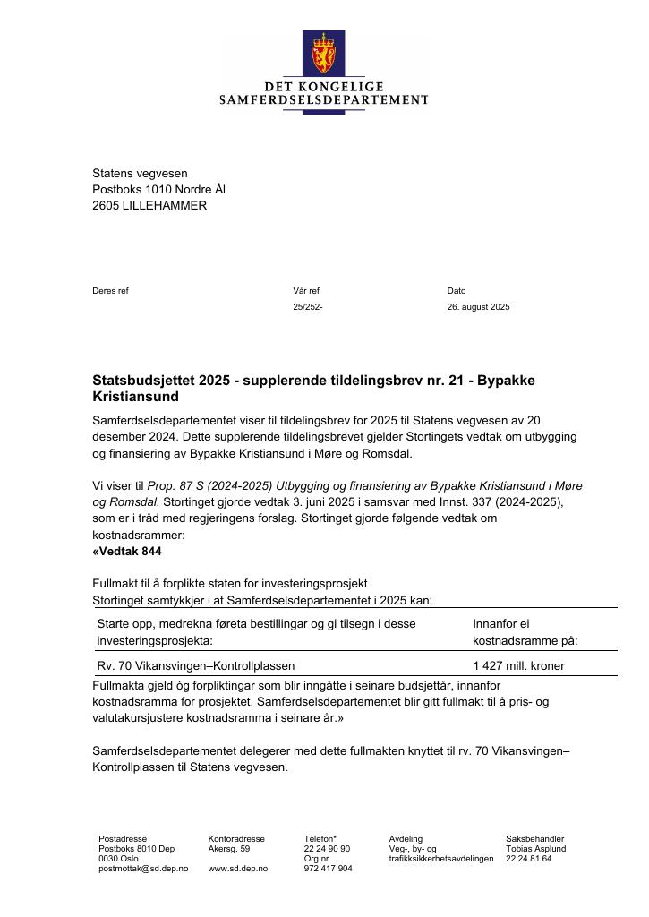 Forsiden av dokumentet Tildelingsbrev Statens vegvesen 2025 - tillegg nr. 21