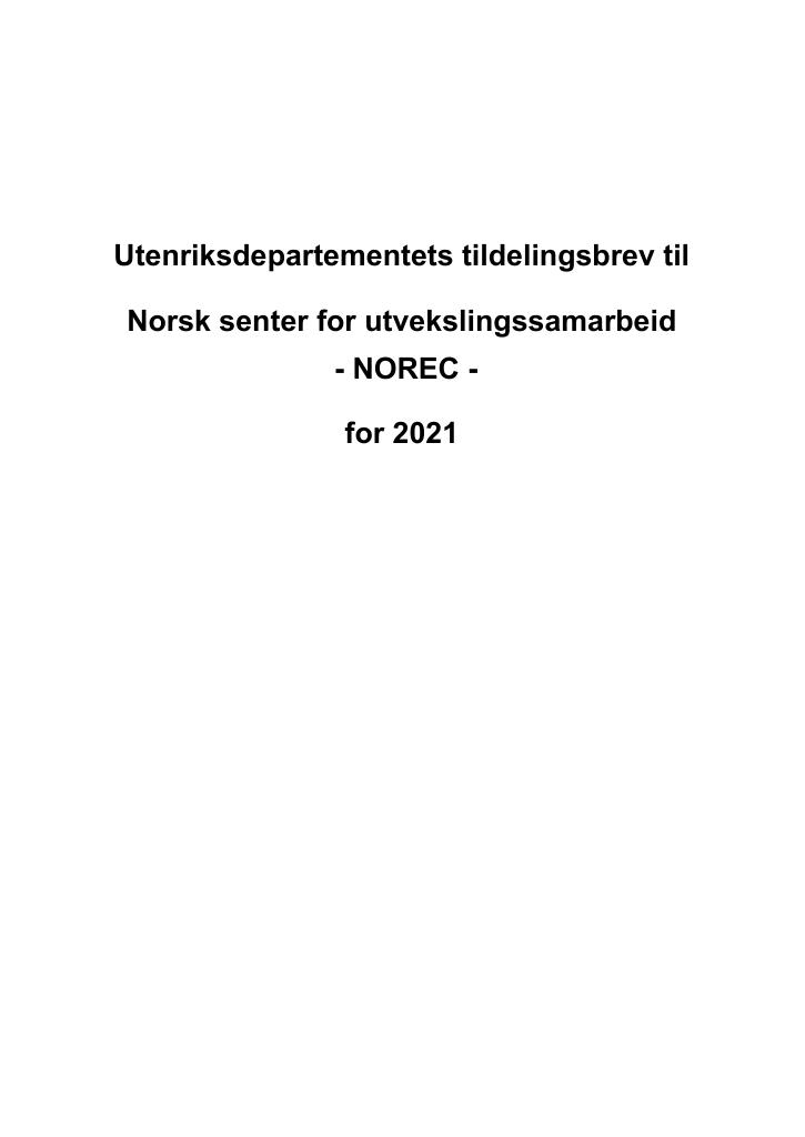 Forsiden av dokumentet Tildelingsbrev NOREC 2021