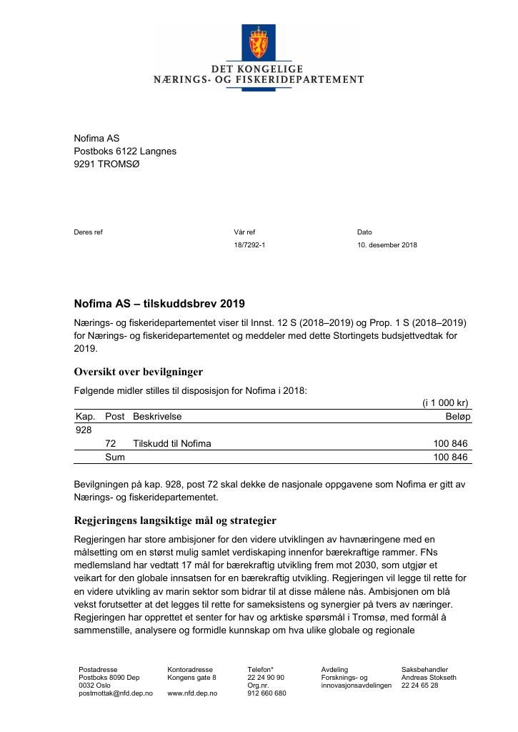 Forsiden av dokumentet Tilskuddsbrev