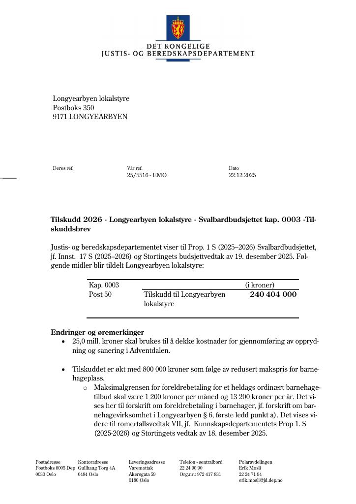 Forsiden av dokumentet Tilskuddsbrev Longyearbyen lokalstyre 2026