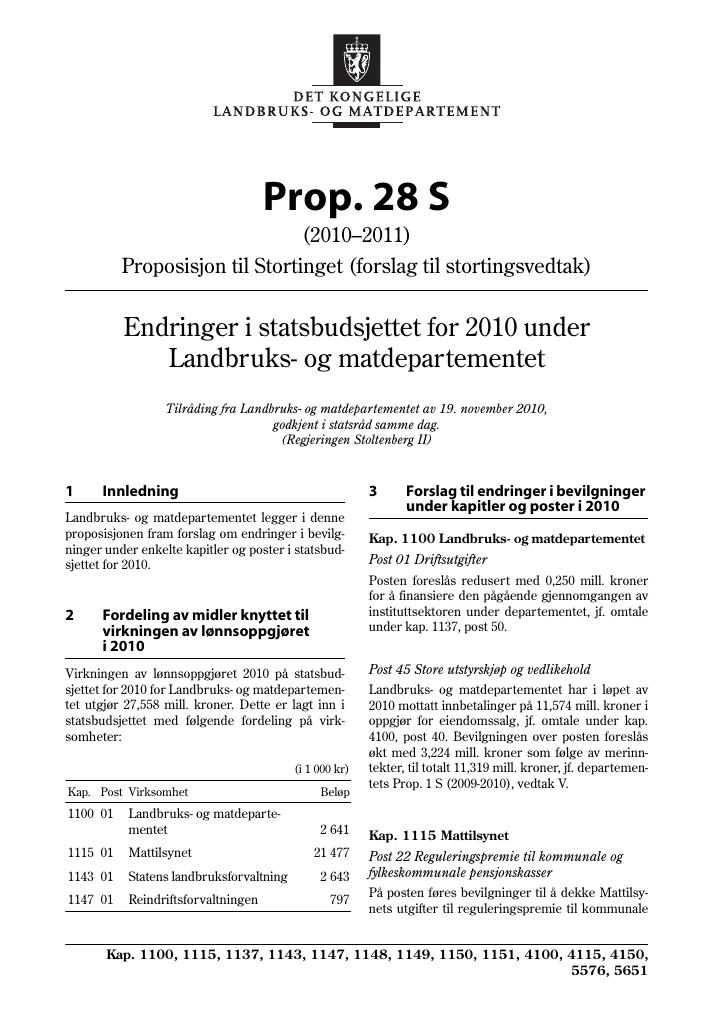 Forsiden av dokumentet Prop. 28 S (2010–2011)