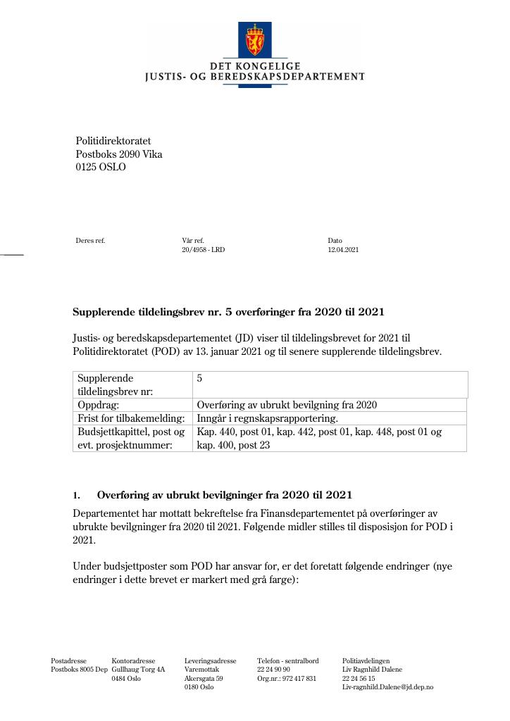 Forsiden av dokumentet Tildelingsbrev Politidirektoratet 2021 - tillegg nr. 5