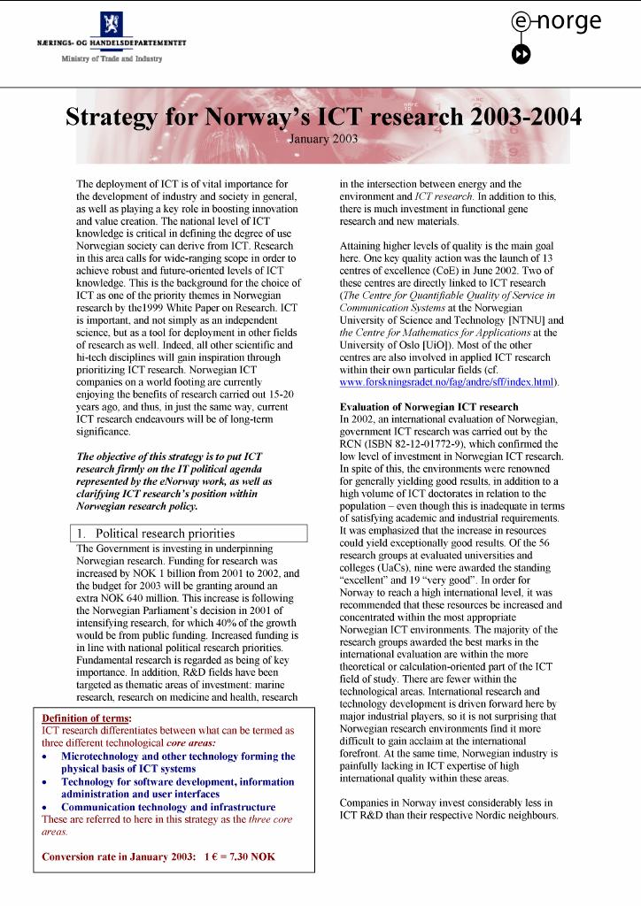 Forsiden av dokumentet eNorway: Strategy for Norway's ICT research 2003-2004 (.pdf)