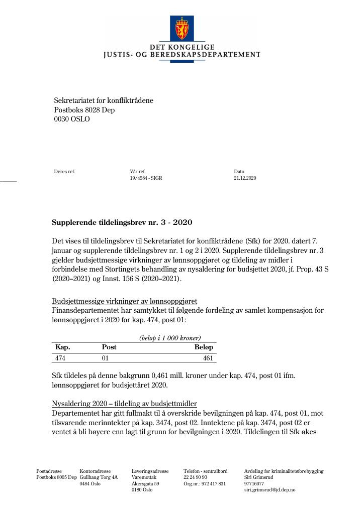 Forsiden av dokumentet Tildelingsbrev Sekretariatet for konfliktrådene 2020 - tillegg nr. 3