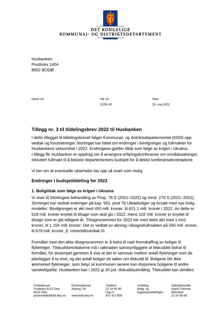 Tildelingsbrev Husbanken 2022 - Tillegg Nr. 3 - Kudos