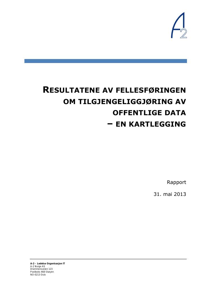 Forsiden av dokumentet Resultatene av fellesføringen om tilgjengeliggjøring av offentlige data - en kartlegging