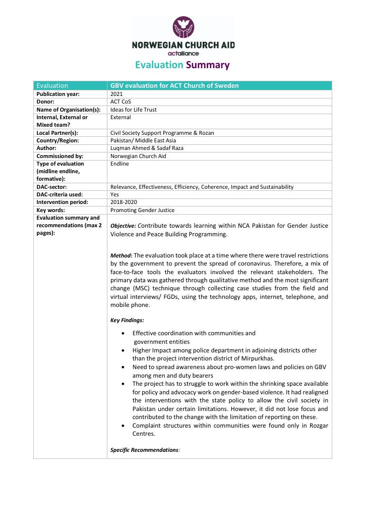 Forsiden av dokumentet GBV evaluation for ACT Church of Sweden