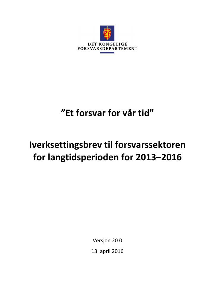 Forsiden av dokumentet Iverksettingsbrev, versjon nr. 20 av IVB LTP 2013 - 2016 - datert 13. april 2016 (pdf).