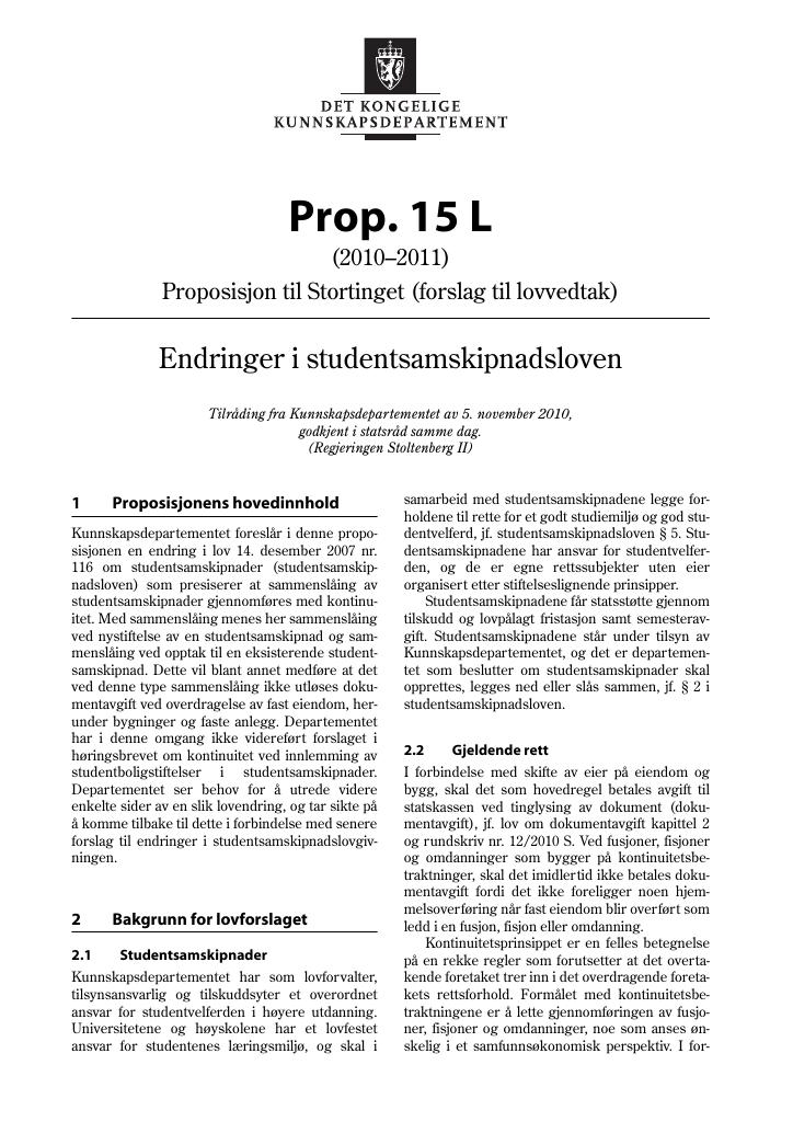 Forsiden av dokumentet Prop. 15 L (2010–2011)