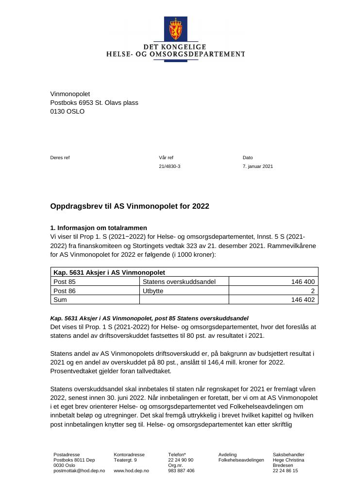 Forsiden av dokumentet Oppdragsbrev Vinmonopolet 2022