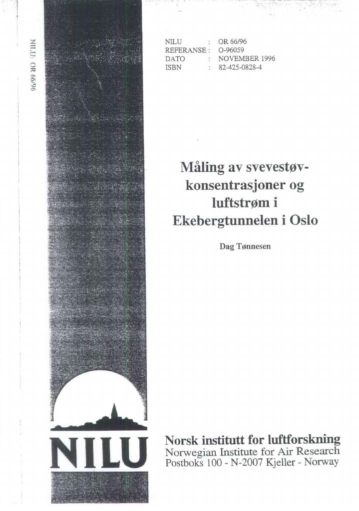 Forsiden av dokumentet Måling av svevestøvkonsentrasjoner og luftstrøm i Ekebergtunnelen i Oslo