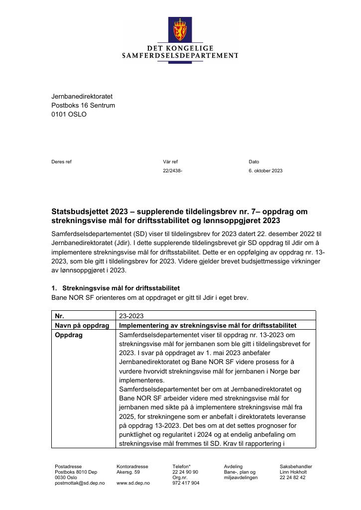 Forsiden av dokumentet Tildelingsbrev Jernbanedirektoratet 2023 - tillegg nr. 7