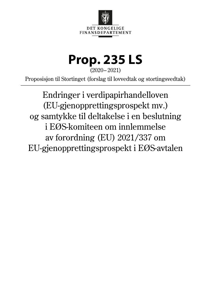 Forsiden av dokumentet Prop. 235 LS (2020–2021)