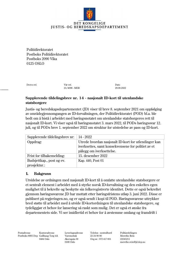 Forsiden av dokumentet Tildelingsbrev Politidirektoratet 2022 - tillegg nr. 14