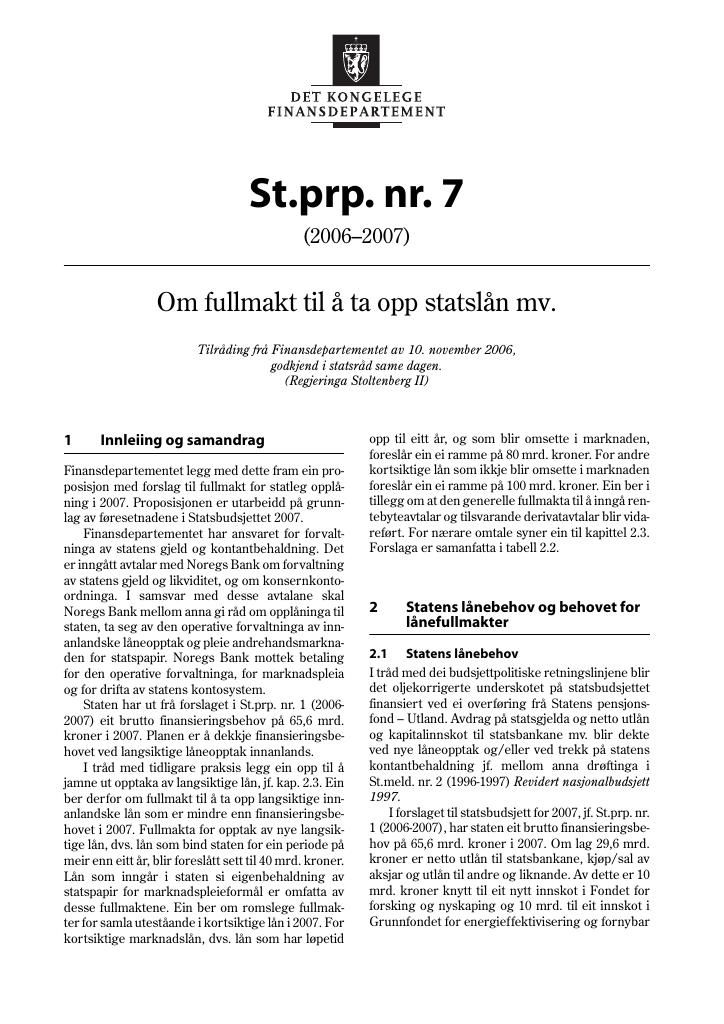 Forsiden av dokumentet St.prp. nr. 7 (2006-2007)