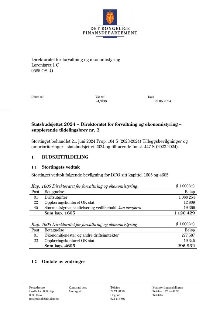 Forsiden av dokumentet Tildelingsbrev Direktoratet for forvaltning og økonomistyring 2024 - tillegg nr. 3