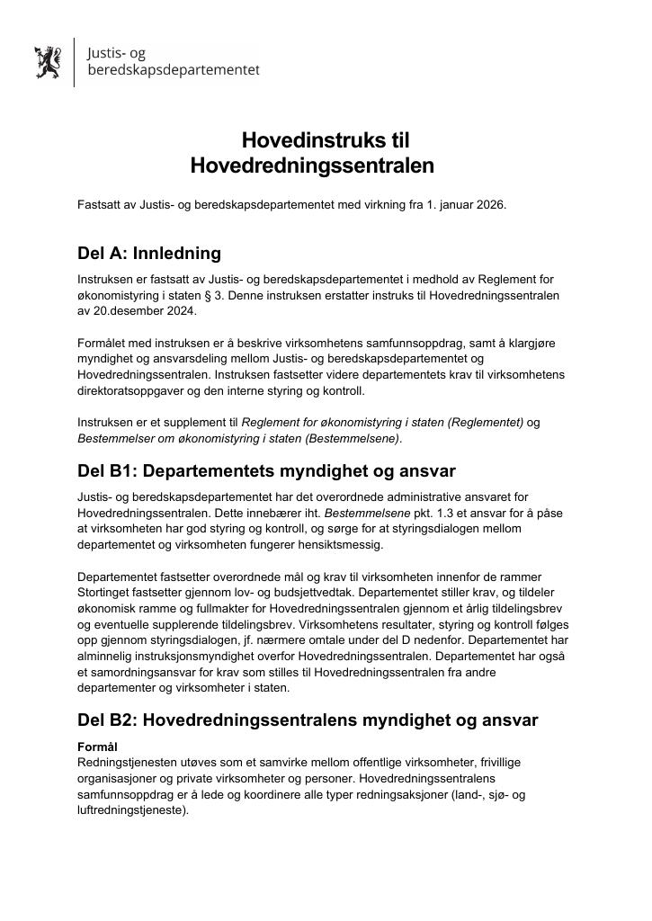 Forsiden av dokumentet Hovedinstruks Hovedredningssentralen 2026