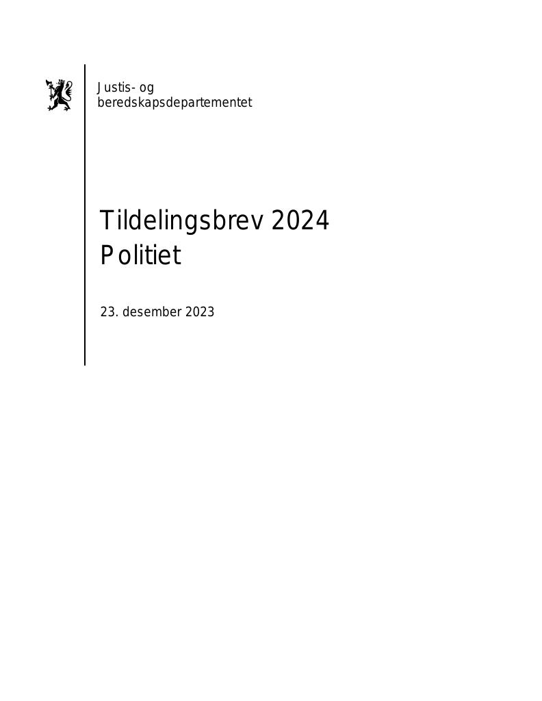 Forsiden av dokumentet Tildelingsbrev Politiet 2024