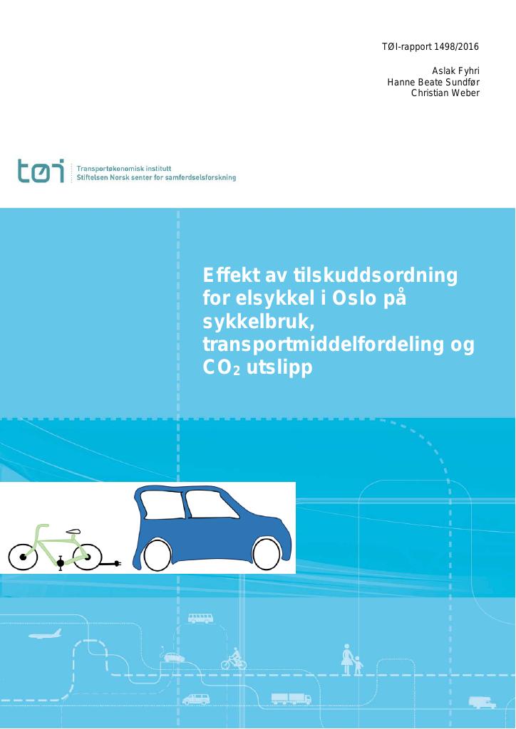 Forsiden av dokumentet Effekt av tilskuddsordning for elsykkel i Oslo på  sykkelbruk, transportmiddelfordeling og CO2 utslipp