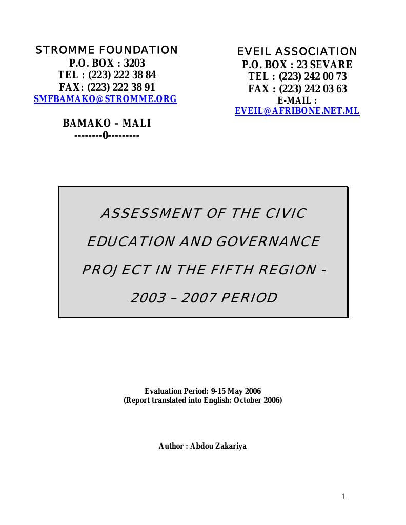 Forsiden av dokumentet Assessment of the Civic Education and Governance in the fifth region