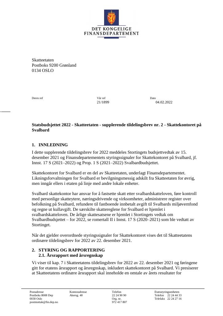 Forsiden av dokumentet Tildelingsbrev Skatteetaten 2022 - tillegg nr. 2