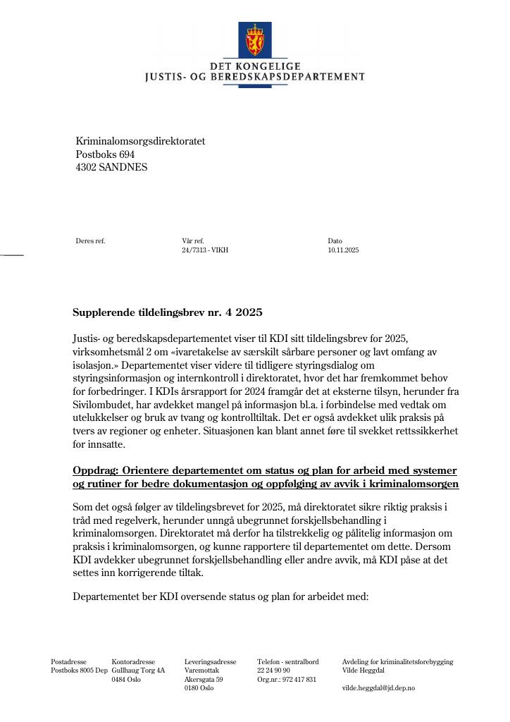 Forsiden av dokumentet Tildelingsbrev Kriminalomsorgen 2025 - tillegg nr. 4