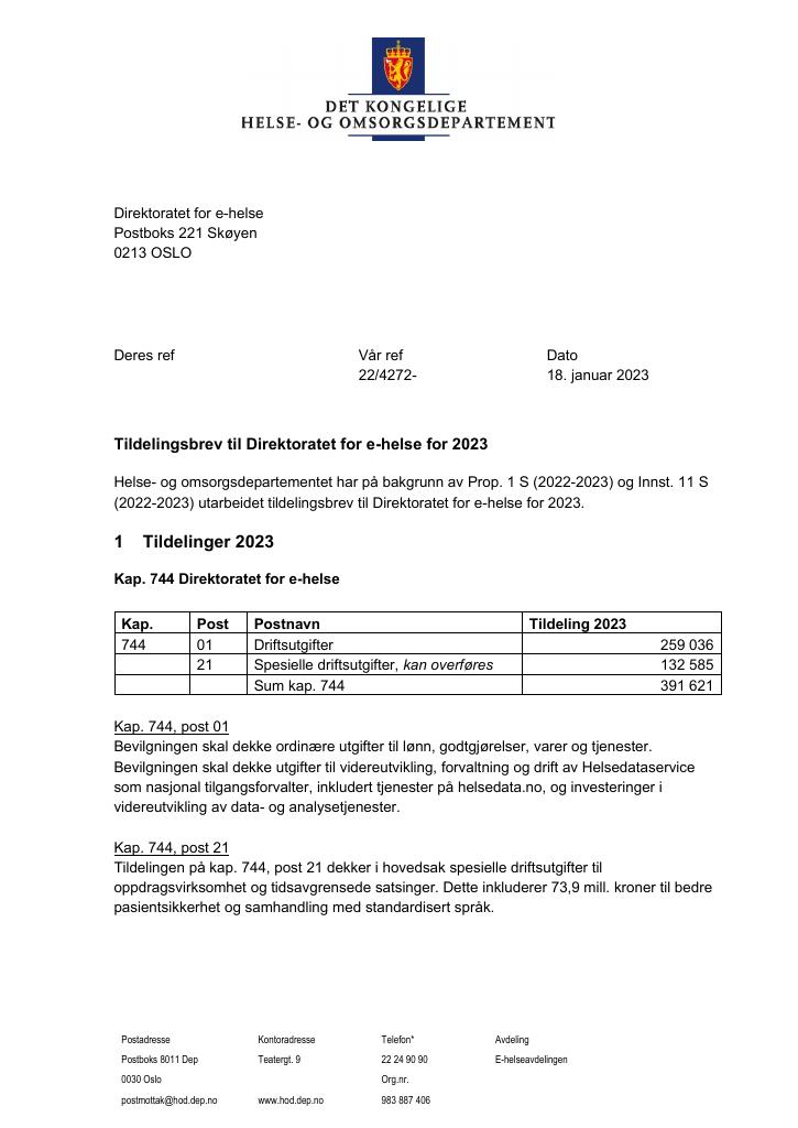 Forsiden av dokumentet Tildelingsbrev Direktoratet for e-helse 2023