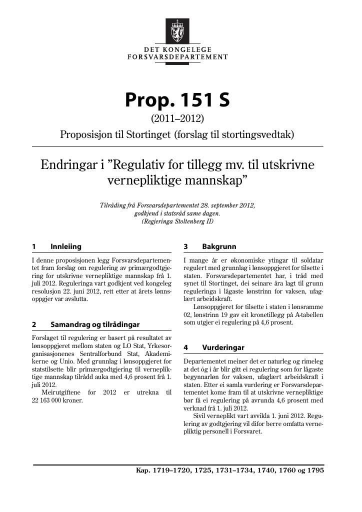 Forsiden av dokumentet Prop. 151 S (2011–2012)