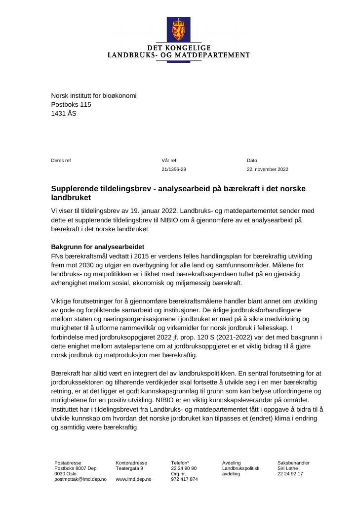 Forsiden av dokumentet Tildelingsbrev Norsk institutt for bioøkonomi - NIBIO 2023 - tillegg nr. 22