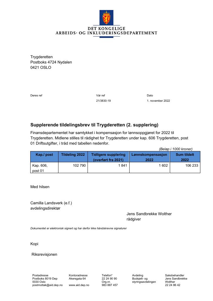 Forsiden av dokumentet Tildelingsbrev Trygderetten 2022 - tillegg nr. 2