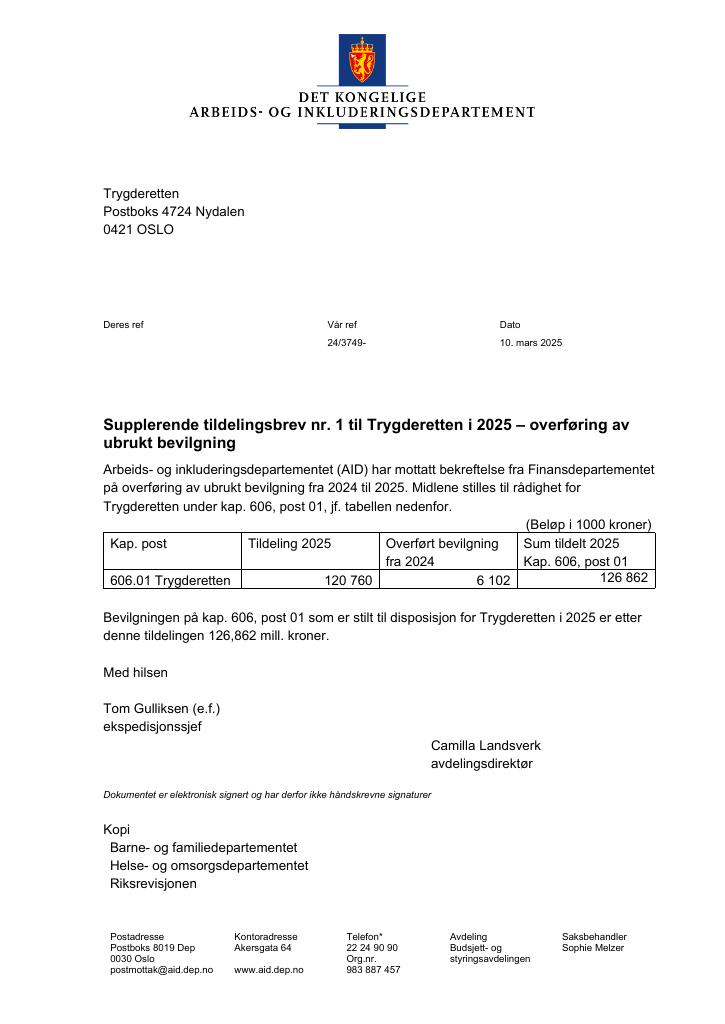 Forsiden av dokumentet Tildelingsbrev Trygderetten 2025 - tillegg nr. 1 og nr. 2