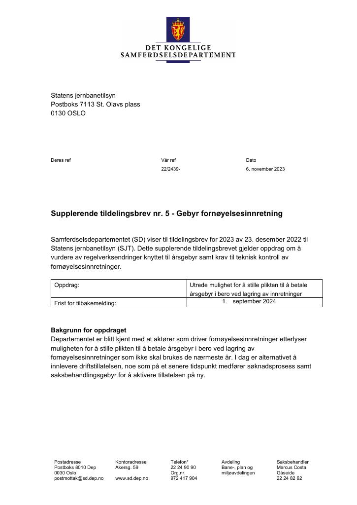 Forsiden av dokumentet Tildelingsbrev Statens jernbanetilsyn 2023 - tillegg nr. 5