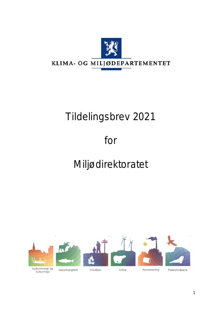 Forsiden av dokumentet Tildelingsbrev Miljødirektoratet 2021