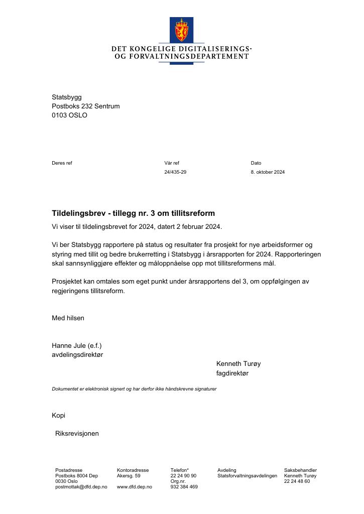 Forsiden av dokumentet Tildelingsbrev Statsbygg 2024 - tillegg nr. 3